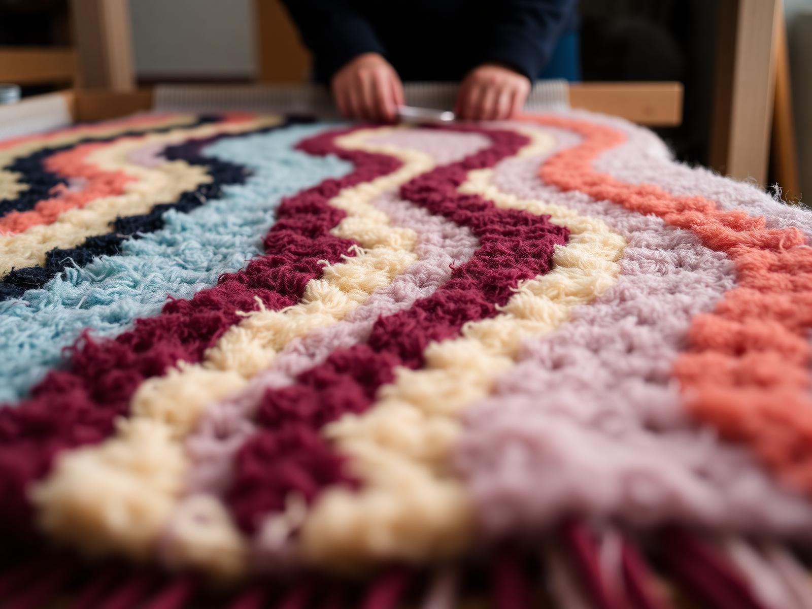 Tufting a rug on a frame in the studio