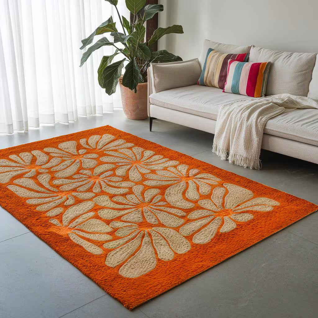 Vintage Flower Power Rug – 70s Retro Orange